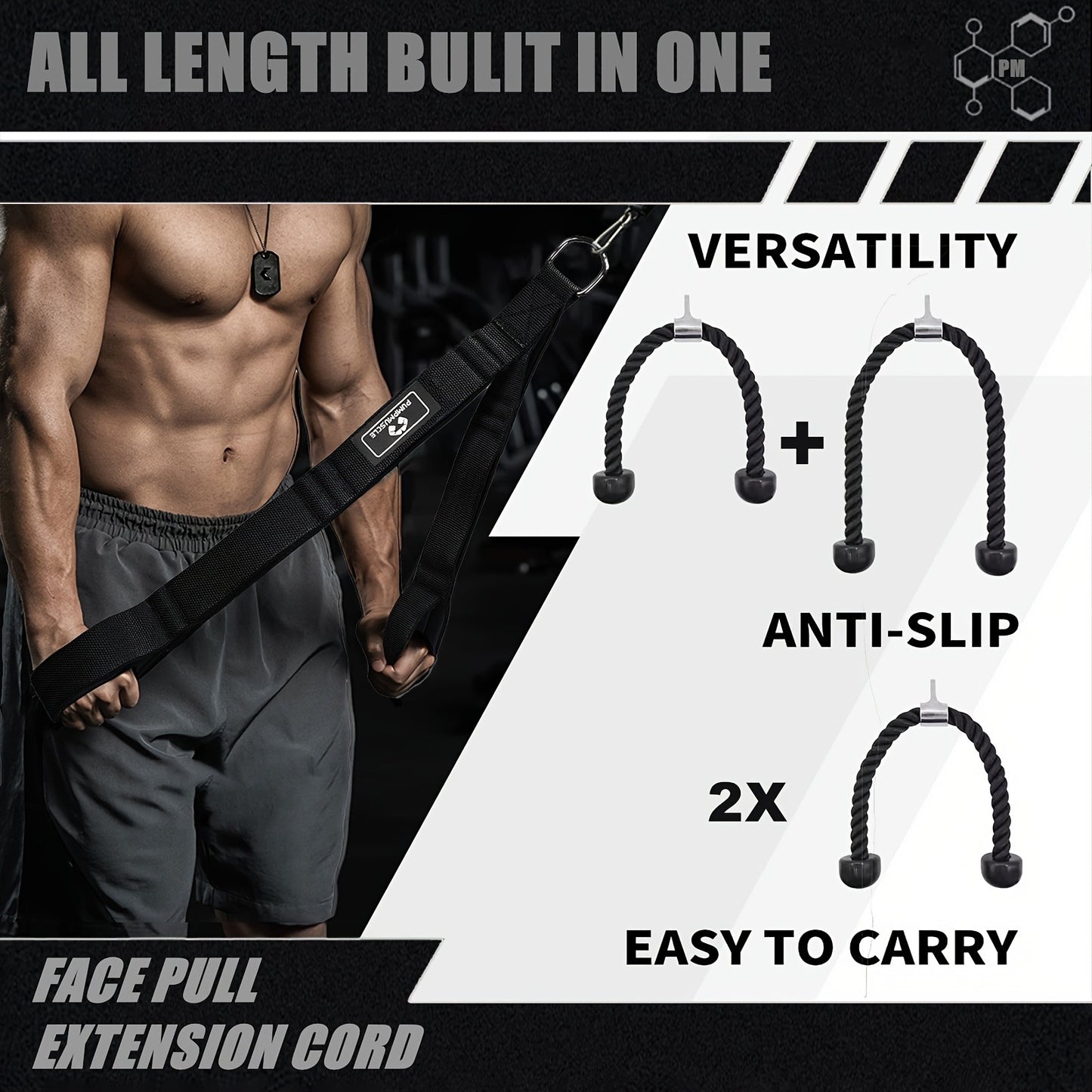 PUMPMUSCLE Tricep Rope Cable Attachment Handles, Greater Range of Motion, Tricep Pull Down Rope for Push Downs, Crunches, Facepulls for Professional Gym