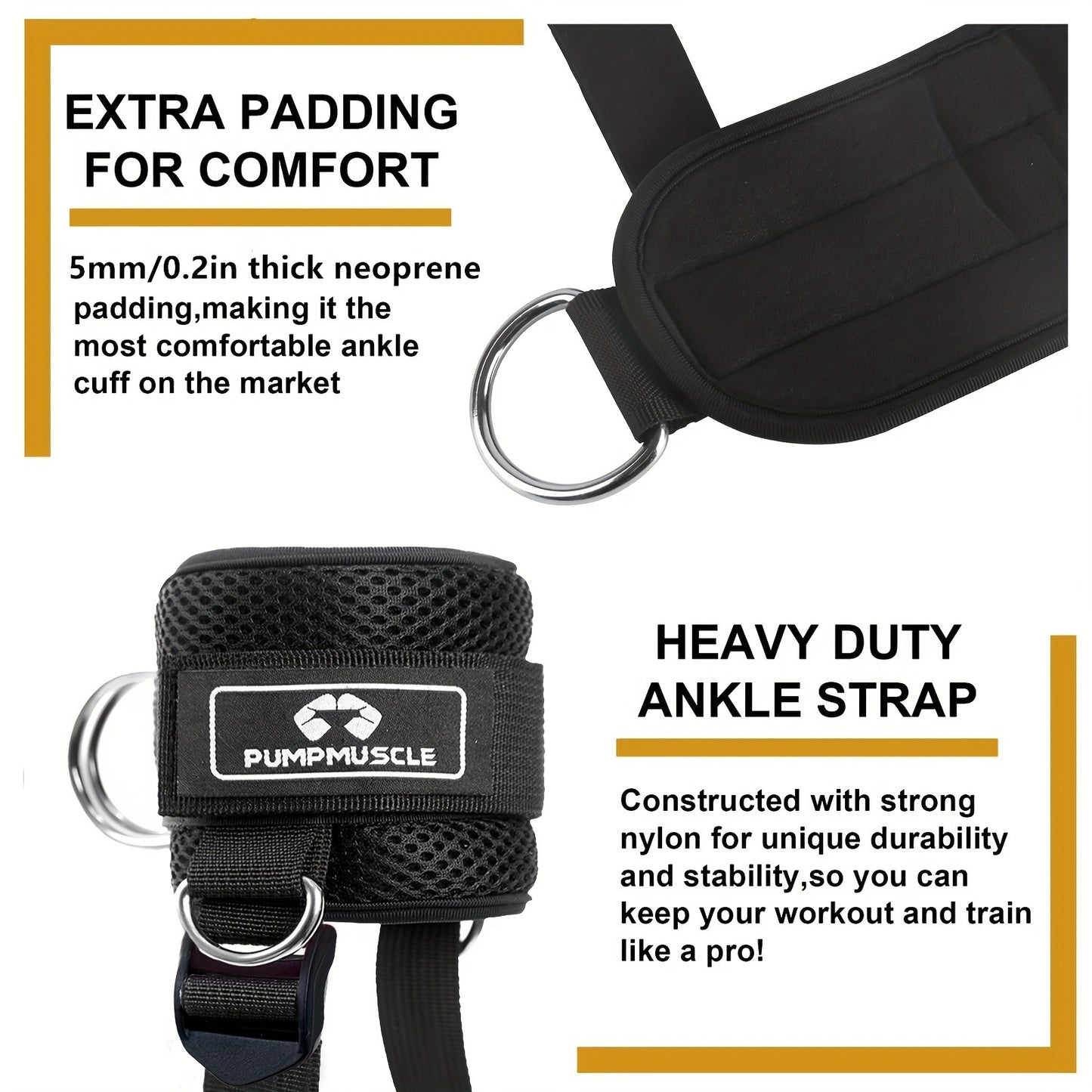 PUMPMUSCLE Ankle Straps for Cable Machines Kickbacks - Adjustable Comfort Ankle Cable Attachments for Gym Ankle Cuff Cable Machine Glute Kickback Straps