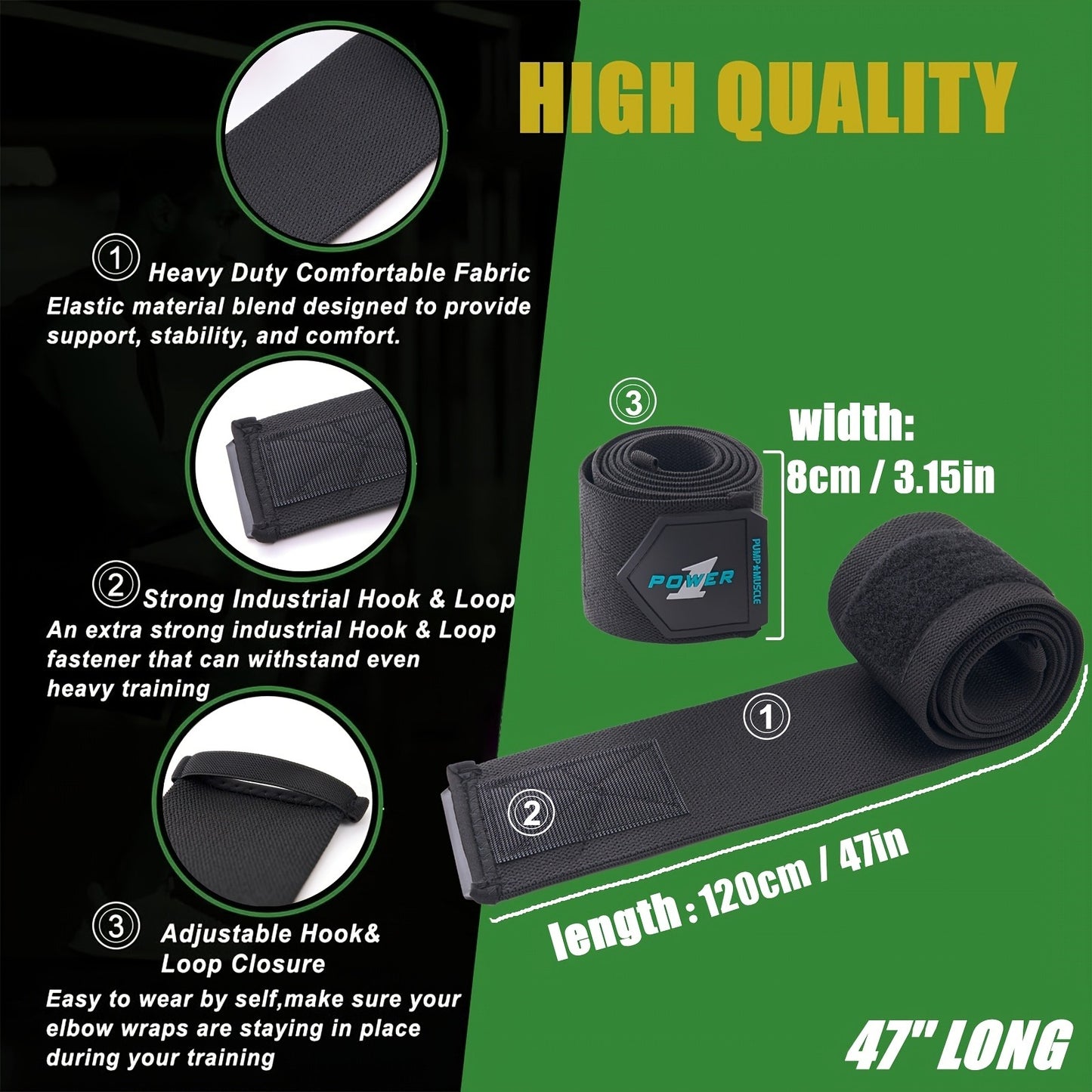 PUMPMUSCLE Weightlifting Elbow Wraps (1 Pair) - Flexible 41'' Elbow Compression Strap & Joint Support Brace - for Bench Press, Powerlifting, and Pressing