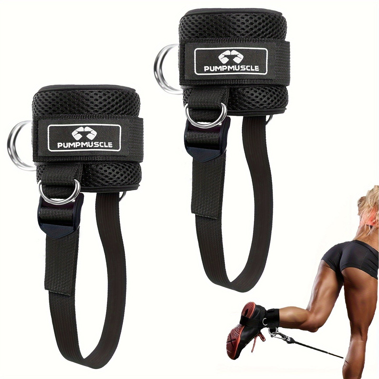 PUMPMUSCLE Ankle Straps for Cable Machines Kickbacks - Adjustable Comfort Ankle Cable Attachments for Gym Ankle Cuff Cable Machine Glute Kickback Straps