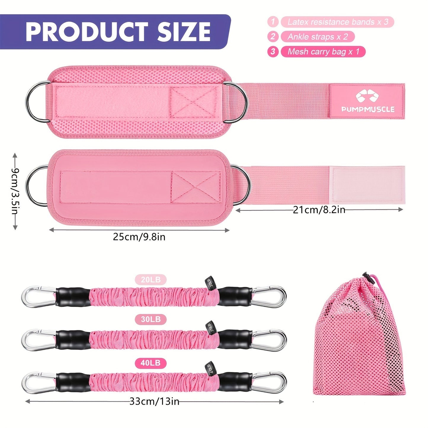 PUMPMUSCLE Ankle Resistance Bands, Ankle Bands for Working Out with Cuffs, Resistance Bands for Leg Butt Training Workout Equipment for Kickbacks Hip Gluteus Training Exercises, Ankle Strap with Exercise Bands